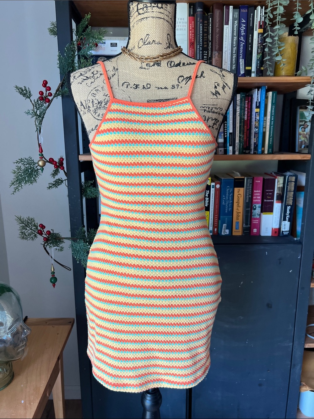Altar'd State Striped Crochet Mini Dress in Yellow, Orange & Green